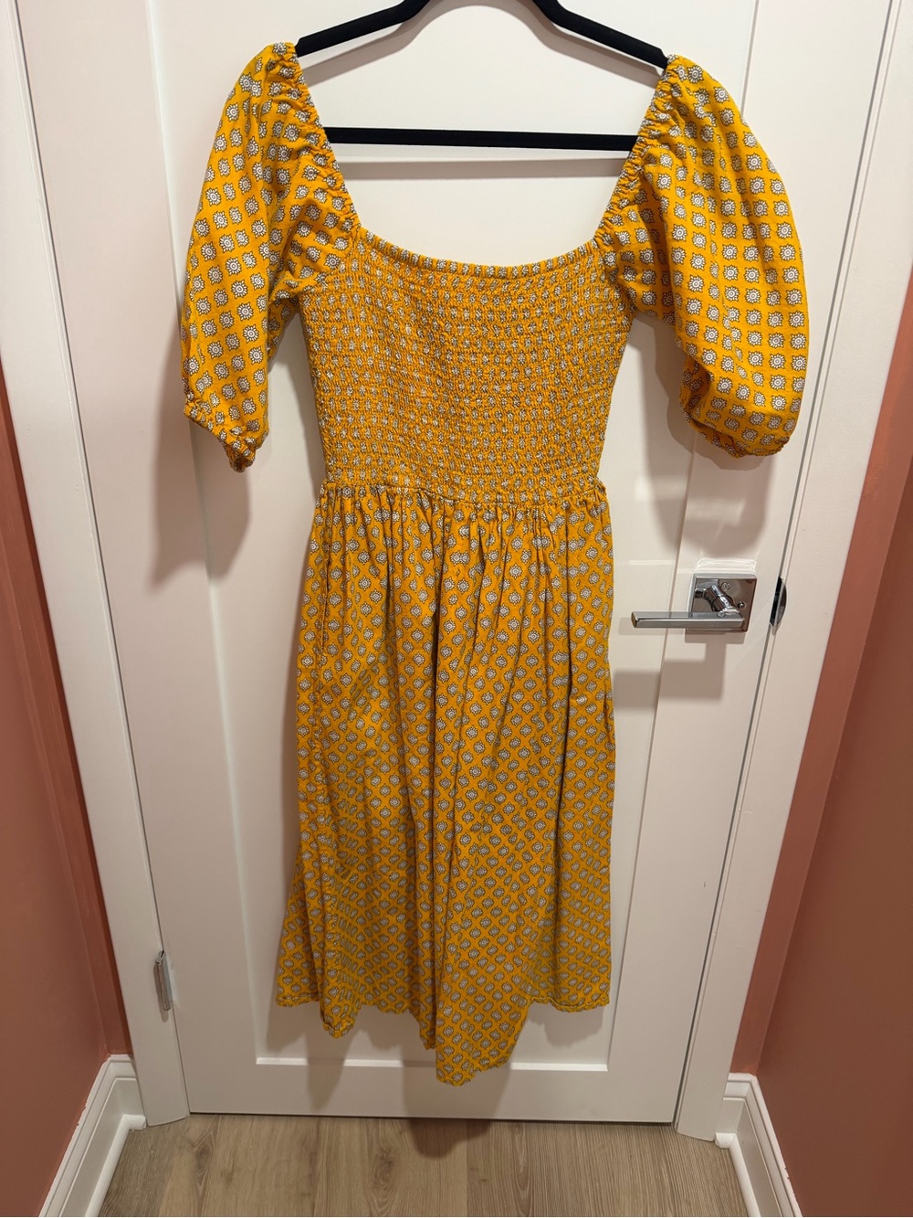 Mata Traders Yellow Smocked Midi Dress with Puff Sleeves